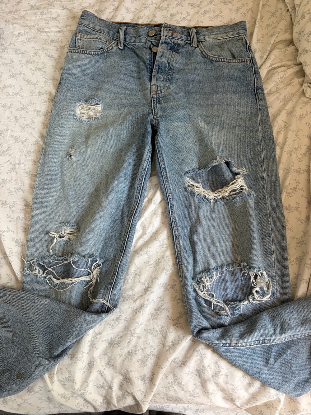 Forever 21 Light Blue Distressed Wide-Leg Jeans